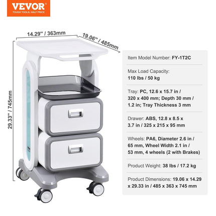 VEVOR 3 Tiers Lab Carts, Lab Utility Cart with 2 Drawers & 1 Top Tray, Mobile Medical Cart with ABS Material, Lab Rolling Cart with 4 Silent Wheels for Lab, Clinic, Hospital, Salon, White.