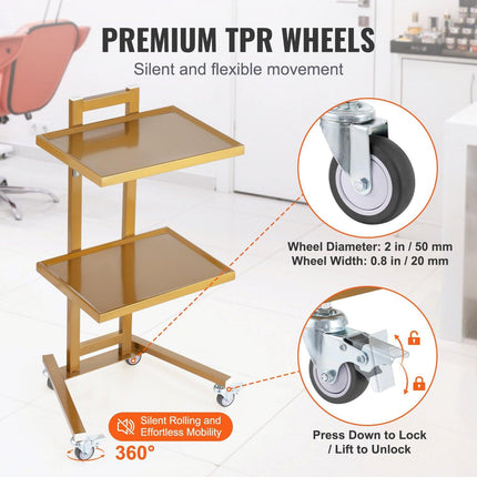 2 Tiers Stainless Steel Lab Carts with 2 Trays & 4 Silent Wheels Golden.