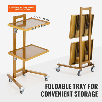 2 Tiers Stainless Steel Lab Carts with 2 Trays & 4 Silent Wheels Golden.