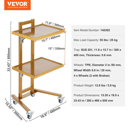 2 Tiers Stainless Steel Lab Carts with 2 Trays & 4 Silent Wheels Golden.