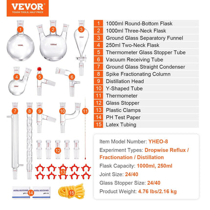 Lab Glassware Distillation Kit 1000ml 3.3 Boro 29 pcs Glassware Equipment.