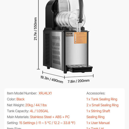 Commercial Slushy Machine, 4L Single Tank Frozen Drink Machine, 16 Cups Stainless Steel Margarita Smoothie Frozen Drink Maker, Slushie Maker for Home Party Restaurants Cafe Bars.