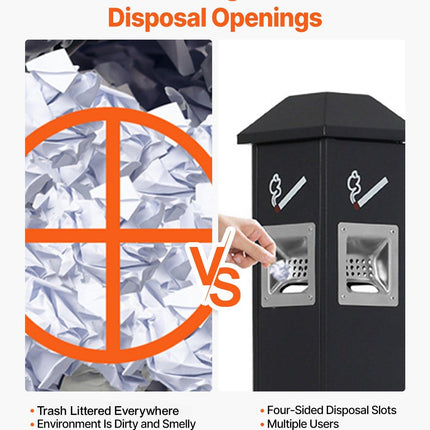 Cigarette Butt Receptacle, Weatherproof Cigarette Butt Container with 4 Disposal Openings & Top Cover, Freestanding Outdoor Cigarette Butt Disposal for Garden, Office, Restaurant, Hotel, Black.