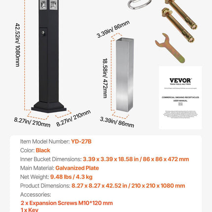 Cigarette Butt Receptacle, Weatherproof Cigarette Butt Container with 4 Disposal Openings & Top Cover, Freestanding Outdoor Cigarette Butt Disposal for Garden, Office, Restaurant, Hotel, Black.