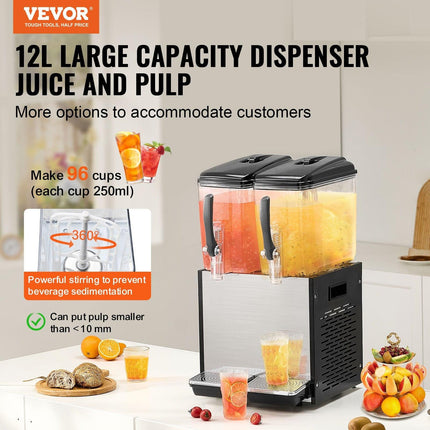 Commercial Beverage Dispenser, 2 Tanks 12 L Per Tank Juice Dispenser, 286W Stainless Steel Ice Tea Drink Machine with 7℃-12℃ Cooling Temperature, for Cold Drink Restaurant Bar Party.
