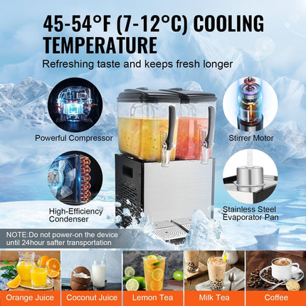 Commercial Beverage Dispenser, 2 Tanks 12 L Per Tank Juice Dispenser, 286W Stainless Steel Ice Tea Drink Machine with 7℃-12℃ Cooling Temperature, for Cold Drink Restaurant Bar Party.
