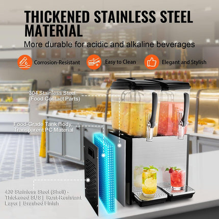 Commercial Beverage Dispenser, 2 Tanks 12 L Per Tank Juice Dispenser, 286W Stainless Steel Ice Tea Drink Machine with 7℃-12℃ Cooling Temperature, for Cold Drink Restaurant Bar Party.