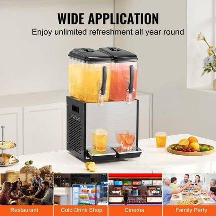 Commercial Beverage Dispenser, 2 Tanks 12 L Per Tank Juice Dispenser, 286W Stainless Steel Ice Tea Drink Machine with 7℃-12℃ Cooling Temperature, for Cold Drink Restaurant Bar Party.