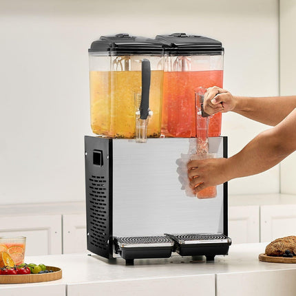 Commercial Beverage Dispenser, 2 Tanks 12 L Per Tank Juice Dispenser, 286W Stainless Steel Ice Tea Drink Machine with 7℃-12℃ Cooling Temperature, for Cold Drink Restaurant Bar Party.