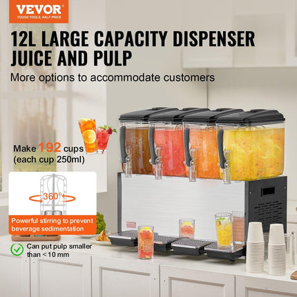 Commercial Beverage Dispenser, 4 Tanks 12 L Per Tank Juice Dispenser, 510W Stainless Steel Ice Tea Drink Machine with 7℃-12℃ Cooling Temperature, for Cold Drink Restaurant Bar Party.