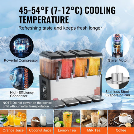Commercial Beverage Dispenser, 4 Tanks 12 L Per Tank Juice Dispenser, 510W Stainless Steel Ice Tea Drink Machine with 7℃-12℃ Cooling Temperature, for Cold Drink Restaurant Bar Party.