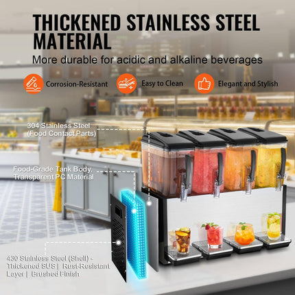 Commercial Beverage Dispenser, 4 Tanks 12 L Per Tank Juice Dispenser, 510W Stainless Steel Ice Tea Drink Machine with 7℃-12℃ Cooling Temperature, for Cold Drink Restaurant Bar Party.
