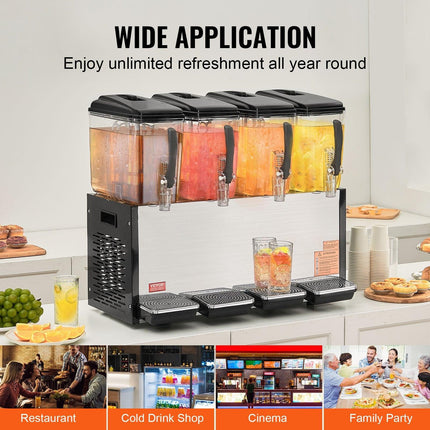 Commercial Beverage Dispenser, 4 Tanks 12 L Per Tank Juice Dispenser, 510W Stainless Steel Ice Tea Drink Machine with 7℃-12℃ Cooling Temperature, for Cold Drink Restaurant Bar Party.