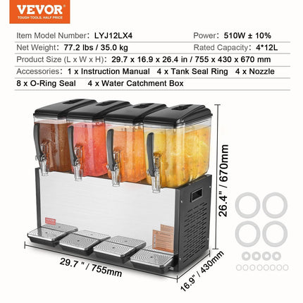 Commercial Beverage Dispenser, 4 Tanks 12 L Per Tank Juice Dispenser, 510W Stainless Steel Ice Tea Drink Machine with 7℃-12℃ Cooling Temperature, for Cold Drink Restaurant Bar Party.