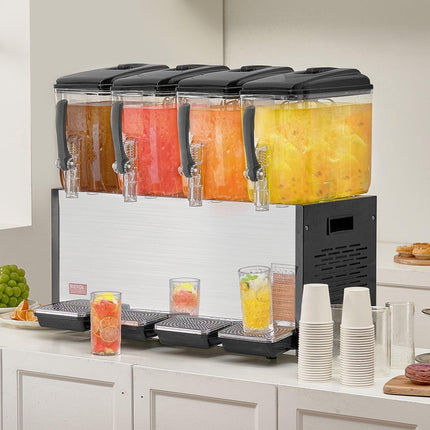 Commercial Beverage Dispenser, 4 Tanks 12 L Per Tank Juice Dispenser, 510W Stainless Steel Ice Tea Drink Machine with 7℃-12℃ Cooling Temperature, for Cold Drink Restaurant Bar Party.
