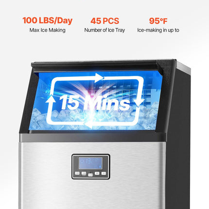 Commercial Ice Maker Machine, 100lbs/24H Ice Maker Machine with 33lbs Storage Capacity, 45 Ice Cubes in 15 Minutes, LED Digital Display Freestanding Self-Cleaning for Bar Office Restaurant.