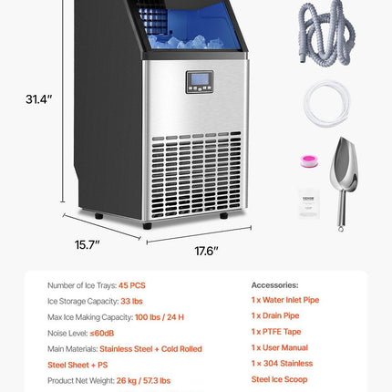 Commercial Ice Maker Machine, 100lbs/24H Ice Maker Machine with 33lbs Storage Capacity, 45 Ice Cubes in 15 Minutes, LED Digital Display Freestanding Self-Cleaning for Bar Office Restaurant.