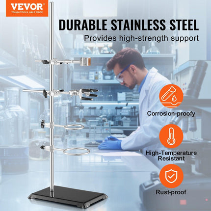 Lab Stand Support, Laboratory Retort Support Stand 2 Sets, Steel Lab Stand 23.6" Rod and 8.3" x 5.3" Cast Iron Base, Includes Flask Clamps, Burette Clamps and Cross Clamps.