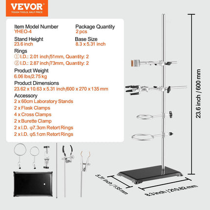 Lab Stand Support, Laboratory Retort Support Stand 2 Sets, Steel Lab Stand 23.6" Rod and 8.3" x 5.3" Cast Iron Base, Includes Flask Clamps, Burette Clamps and Cross Clamps.