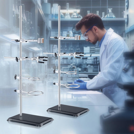 Lab Stand Support, Laboratory Retort Support Stand 2 Sets, Steel Lab Stand 23.6" Rod and 8.3" x 5.3" Cast Iron Base, Includes Flask Clamps, Burette Clamps and Cross Clamps.