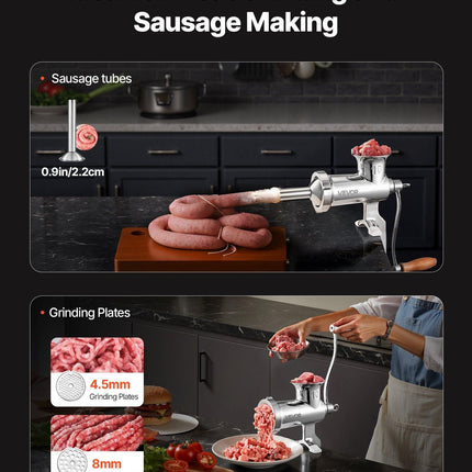 Heavy Duty Meat Grinder Manual Sausage Filler Stainless Steel with Clamp.