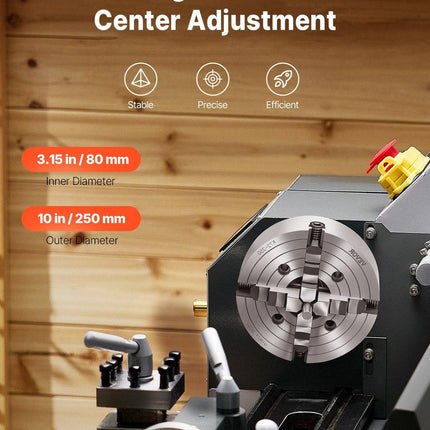 4-Jaw Lathe Chuck, 10 in (250 mm), Lathe Chuck, 0.6-9.84 in (15-250 mm) Clamping Range with T-key Fixing Screws Reversible Jaws, HT300 Cast Iron Material, Internal External for Wood Metal Lathe.