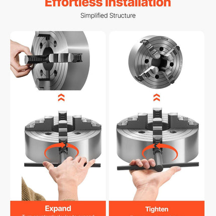 4-Jaw Lathe Chuck, 10 in (250 mm), Lathe Chuck, 0.6-9.84 in (15-250 mm) Clamping Range with T-key Fixing Screws Reversible Jaws, HT300 Cast Iron Material, Internal External for Wood Metal Lathe.