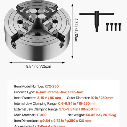 4-Jaw Lathe Chuck, 10 in (250 mm), Lathe Chuck, 0.6-9.84 in (15-250 mm) Clamping Range with T-key Fixing Screws Reversible Jaws, HT300 Cast Iron Material, Internal External for Wood Metal Lathe.