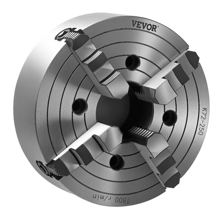 4-Jaw Lathe Chuck, 10 in (250 mm), Lathe Chuck, 0.6-9.84 in (15-250 mm) Clamping Range with T-key Fixing Screws Reversible Jaws, HT300 Cast Iron Material, Internal External for Wood Metal Lathe.