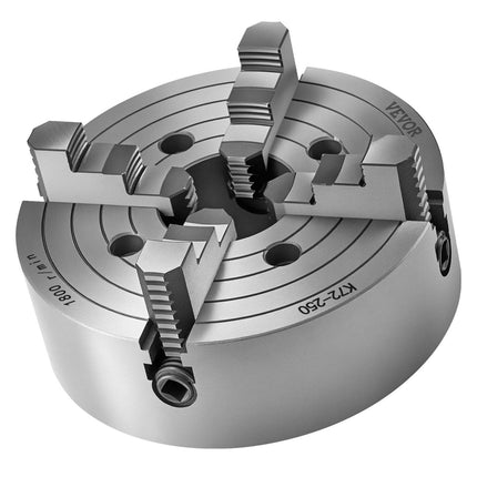 4-Jaw Lathe Chuck, 10 in (250 mm), Lathe Chuck, 0.6-9.84 in (15-250 mm) Clamping Range with T-key Fixing Screws Reversible Jaws, HT300 Cast Iron Material, Internal External for Wood Metal Lathe.