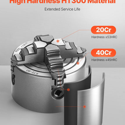 4-Jaw Lathe Chuck, 3 Inch (80 mm), 4-Jaw Chuck, 0.1-3.15 in (5-80 mm) Clamping Range with T-key Fixing Screws Reversible Jaws, HT300 Material, Internal External for Wood Metal Lathe.