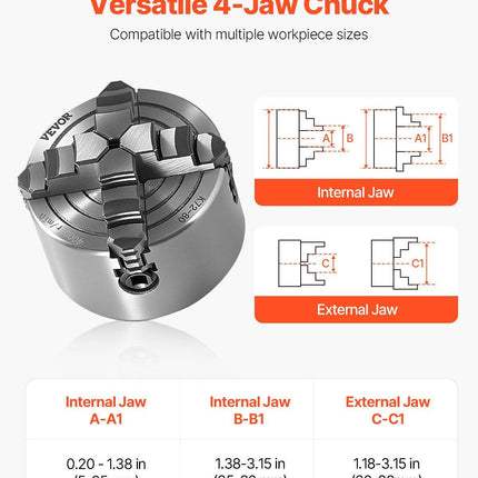 4-Jaw Lathe Chuck, 3 Inch (80 mm), 4-Jaw Chuck, 0.1-3.15 in (5-80 mm) Clamping Range with T-key Fixing Screws Reversible Jaws, HT300 Material, Internal External for Wood Metal Lathe.