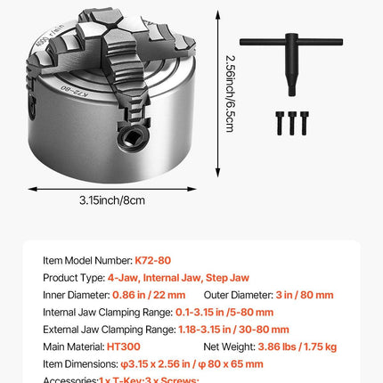 4-Jaw Lathe Chuck, 3 Inch (80 mm), 4-Jaw Chuck, 0.1-3.15 in (5-80 mm) Clamping Range with T-key Fixing Screws Reversible Jaws, HT300 Material, Internal External for Wood Metal Lathe.