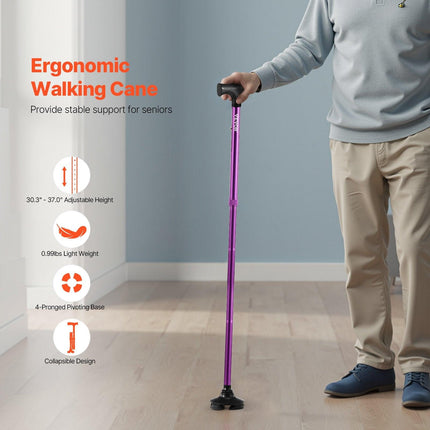 Walking Cane Folding Walking Stick 8-Level Height 4-Pronged Pivoting Base.