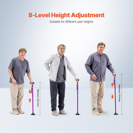 Walking Cane Folding Walking Stick 8-Level Height 4-Pronged Pivoting Base.