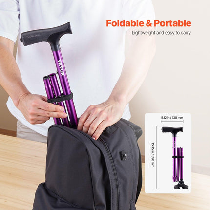 Walking Cane Folding Walking Stick 8-Level Height 4-Pronged Pivoting Base.