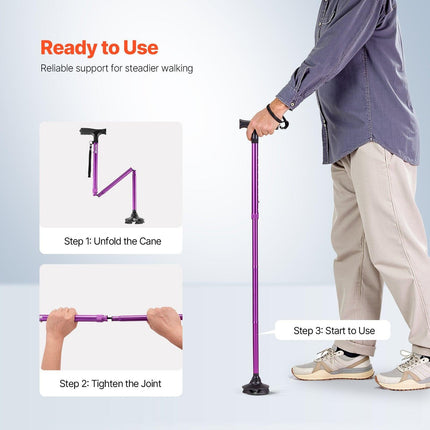 Walking Cane Folding Walking Stick 8-Level Height 4-Pronged Pivoting Base.