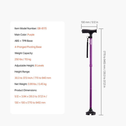 Walking Cane Folding Walking Stick 8-Level Height 4-Pronged Pivoting Base.