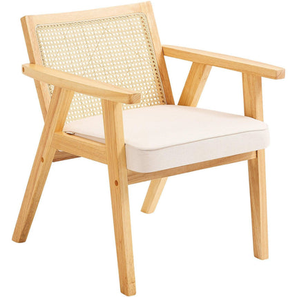Rattan Chair, Mid Century Modern Dining Chair with Armrest, Upholstered Chair with Rattan Back, Retro Rattan Dining Room Kitchen Chair for Living Room, Bedroom, Reading Room, and Office, Beige.