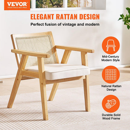 Rattan Chair, Mid Century Modern Dining Chair with Armrest, Upholstered Chair with Rattan Back, Retro Rattan Dining Room Kitchen Chair for Living Room, Bedroom, Reading Room, and Office, Beige.