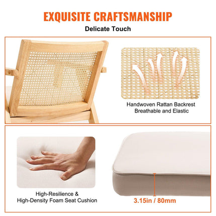 Rattan Chair, Mid Century Modern Dining Chair with Armrest, Upholstered Chair with Rattan Back, Retro Rattan Dining Room Kitchen Chair for Living Room, Bedroom, Reading Room, and Office, Beige.