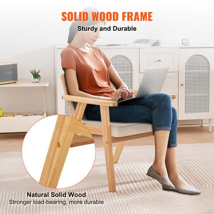 Rattan Chair, Mid Century Modern Dining Chair with Armrest, Upholstered Chair with Rattan Back, Retro Rattan Dining Room Kitchen Chair for Living Room, Bedroom, Reading Room, and Office, Beige.