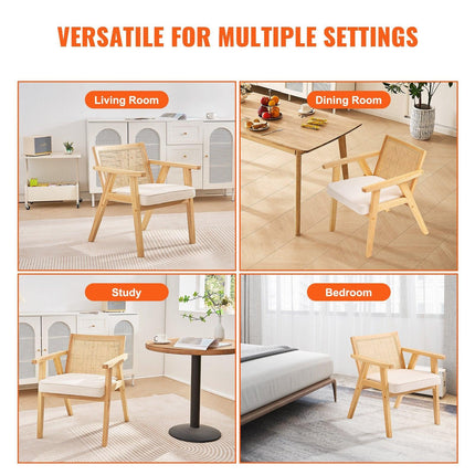 Rattan Chair, Mid Century Modern Dining Chair with Armrest, Upholstered Chair with Rattan Back, Retro Rattan Dining Room Kitchen Chair for Living Room, Bedroom, Reading Room, and Office, Beige.