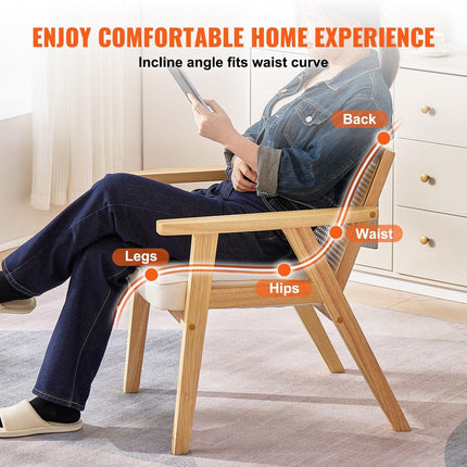 Rattan Chair, Mid Century Modern Dining Chair with Armrest, Upholstered Chair with Rattan Back, Retro Rattan Dining Room Kitchen Chair for Living Room, Bedroom, Reading Room, and Office, Beige.