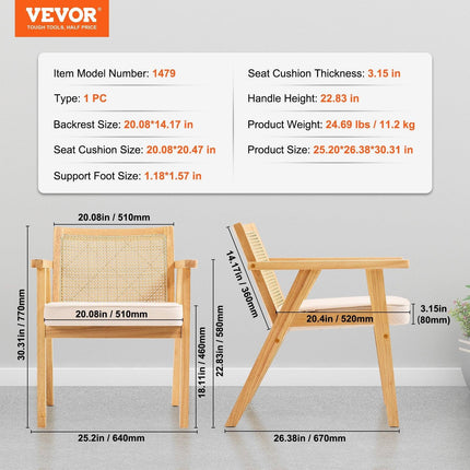 Rattan Chair, Mid Century Modern Dining Chair with Armrest, Upholstered Chair with Rattan Back, Retro Rattan Dining Room Kitchen Chair for Living Room, Bedroom, Reading Room, and Office, Beige.