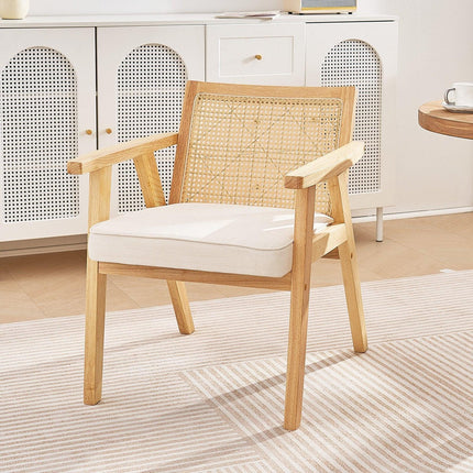 Rattan Chair, Mid Century Modern Dining Chair with Armrest, Upholstered Chair with Rattan Back, Retro Rattan Dining Room Kitchen Chair for Living Room, Bedroom, Reading Room, and Office, Beige.