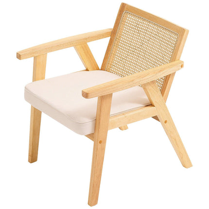 Rattan Chair, Mid Century Modern Dining Chair with Armrest, Upholstered Chair with Rattan Back, Retro Rattan Dining Room Kitchen Chair for Living Room, Bedroom, Reading Room, and Office, Beige.
