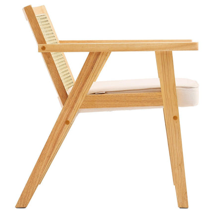 Rattan Chair, Mid Century Modern Dining Chair with Armrest, Upholstered Chair with Rattan Back, Retro Rattan Dining Room Kitchen Chair for Living Room, Bedroom, Reading Room, and Office, Beige.