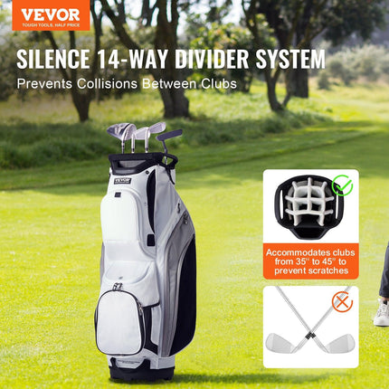 Golf Cart Bag with 14 Way Organizer Divider Top, 36” 13 Pockets Premium Nylon Cart Bag, Durable Golf Bags with Handles & Dust Cover & Detachable Straps for Men & Women, White Color-Block.