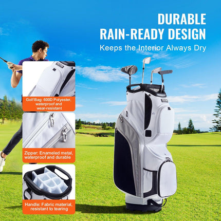 Golf Cart Bag with 14 Way Organizer Divider Top, 36” 13 Pockets Premium Nylon Cart Bag, Durable Golf Bags with Handles & Dust Cover & Detachable Straps for Men & Women, White Color-Block.